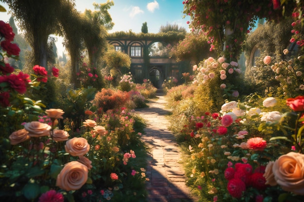 A fragrant rose garden with a myriad of colorful blooms winding paths and the soft buzz of bees