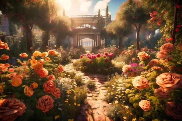 A fragrant rose garden with a myriad of colorful blooms winding paths and the soft buzz of bees