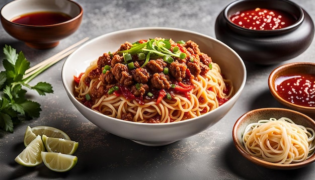 Photo fragrant sichuan dan dan noodles with ground pork and chili oil