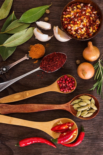 Fragrant spices and seasoning in spoons on wooden background