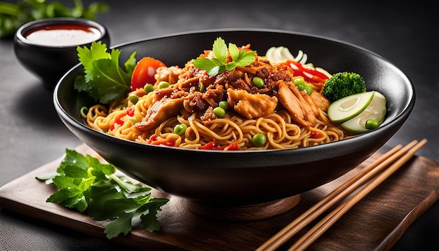 Fragrant and spicy bowl of Indonesianstyle mie goreng noodles with chicken and vegetables