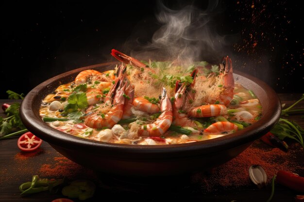 A fragrant steaming bowl of Tom Yum soup filled with tender shrimp ai generated