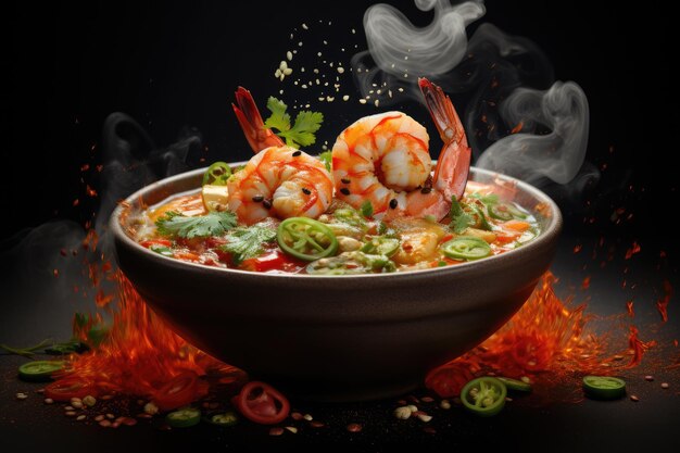 A fragrant steaming bowl of Tom Yum soup filled with tender shrimp ai generated