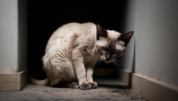 Photo a frail siamese cat with dirty fur crouching in a dark corner