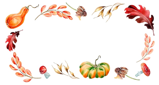 Frame of autumn bright plants and pumpkins watercolor illustration isolated on white