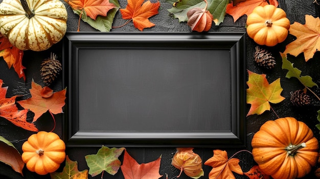 a frame of autumn leaves on a door with a black frame