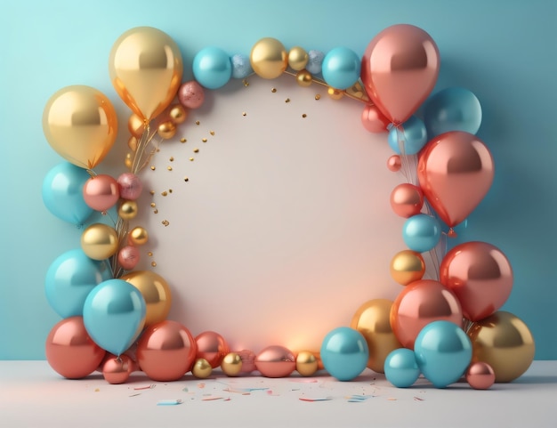 A frame of balloons with gold confetti on the bottom.