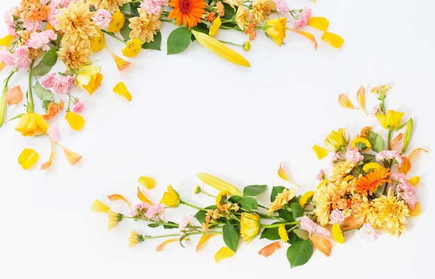 Frame of beautiful flowers on white background