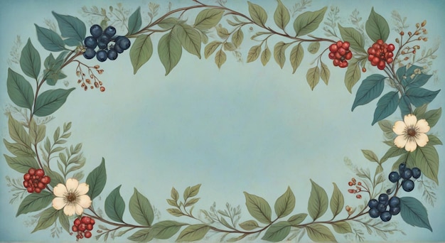 a frame of berries and leaves with a blue background that says raspberry