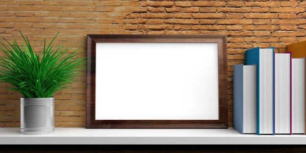 Frame and books on a white shelf 3d illustration