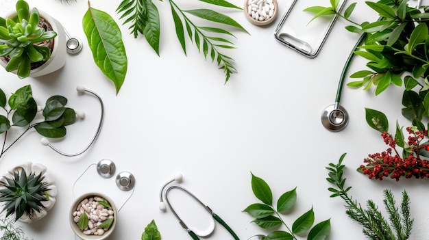 Photo frame border background of health and medical with greenery stethoscope and pills on white surface