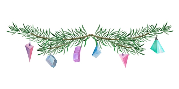 Frame border fir branches with glass toys watercolor