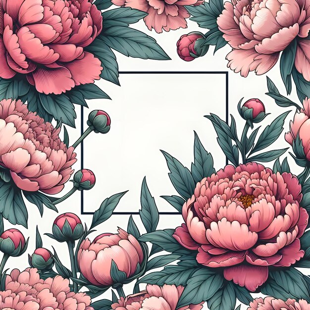 Frame border ornament square with pink peony flowers Aquarelle wildflower for background texture