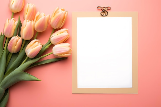 Frame clipboard and bouquet of tulips