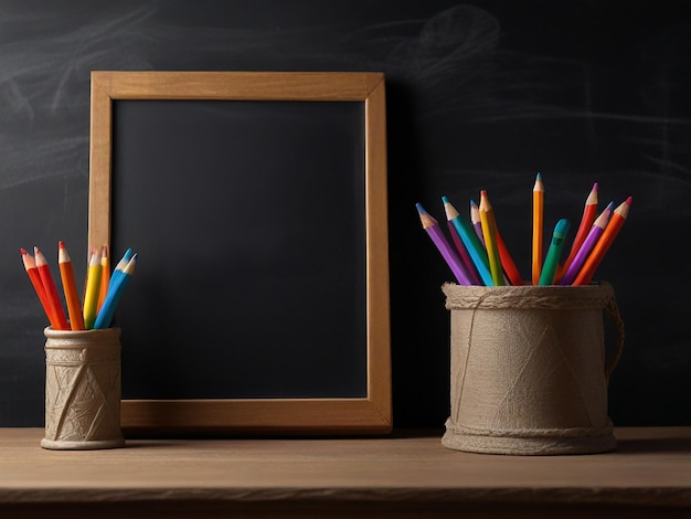 a frame of colored pencils sits on a shelf with a blackboard behind them