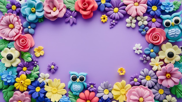 A frame of colorful clay flowers and owls on a purple background