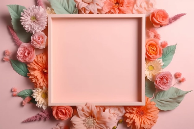 A frame decorated with flowers blank space for text Flat lay top view Floral frame frame