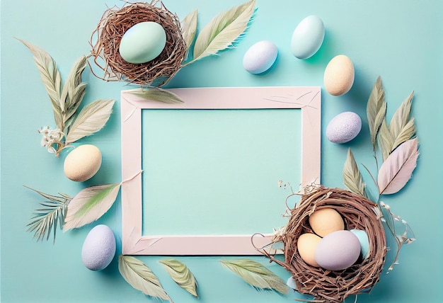 Frame Easter eggs feathers in a nest on a pastel blue wooden background The minimal concept Top view Card with a copy of the place for the text Generative Ai