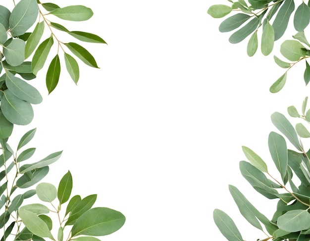 Frame of eucalyptus branches green leaves on a white background Concept for cards greeting cards