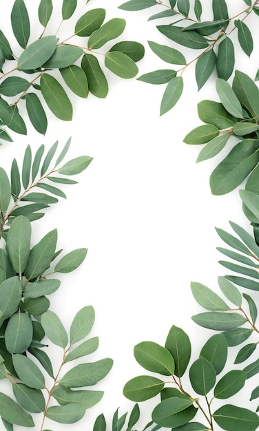 Frame of eucalyptus branches green leaves on a white background Concept for cards greeting cards