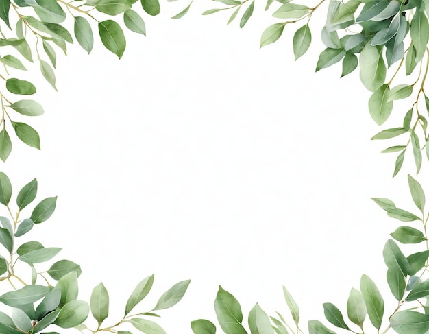 Frame of eucalyptus branches green leaves on a white background Concept for cards greeting cards