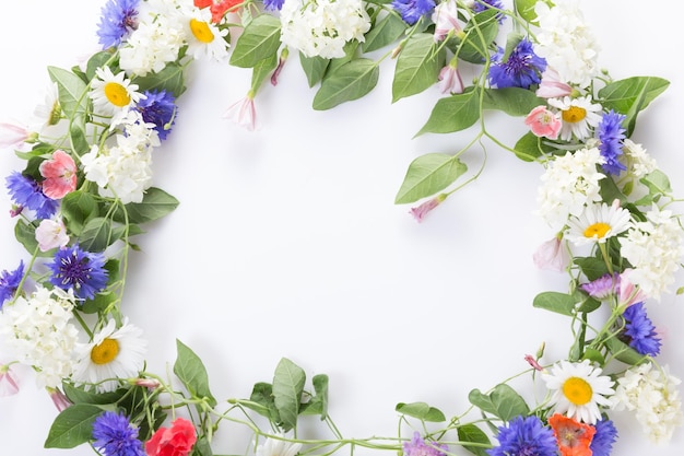 Frame of field flowers of poppy cornflower chamomile on white background