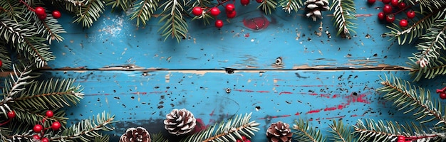 Frame of fir branches and berries on the old blue paint wooden background Christmas holliday greeting card