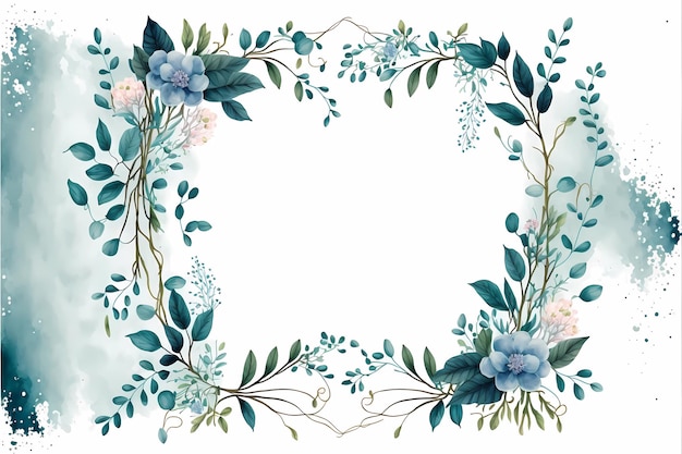 A frame of flowers with blue leaves and flowers.