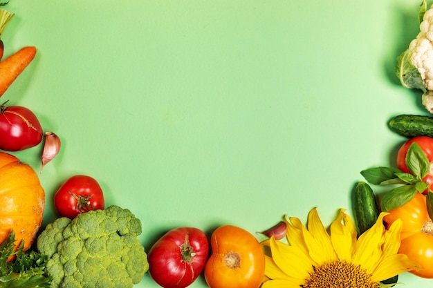 Frame of fresh farm vegetables on pastel green background with copy space for text Top view