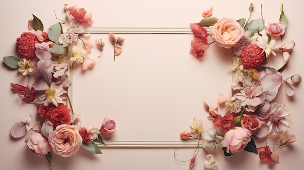 Frame of fresh flowers with a clean background inside