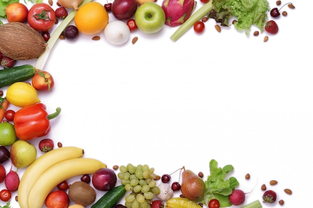 Frame of fresh fruits frame on white background