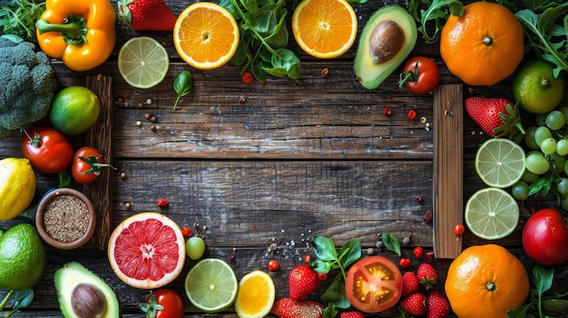 frame of fresh organic sliced food with wooden background