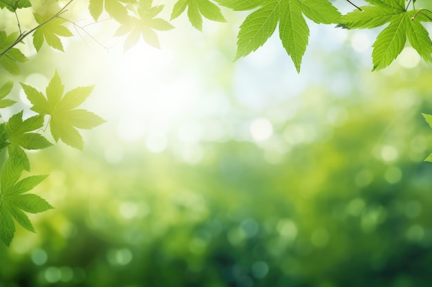 frame from green maple branch leaves and meadow in sunshine