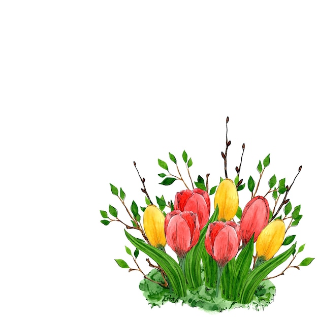 Frame from red and yellow tulips and branches with young leaves on white background Hand draw flowers watercolor sketches Frame template for packaging label card design Botanical illustration