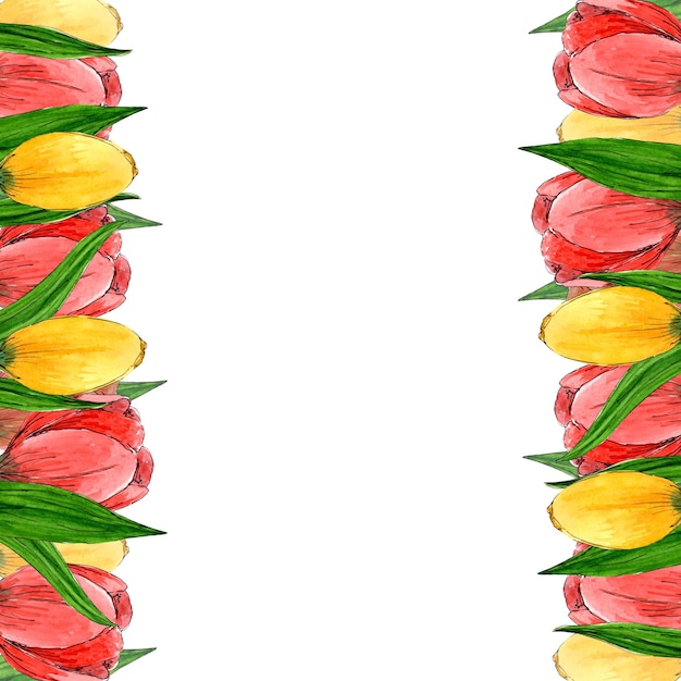 Frame from red and yellow tulips on white background Hand draw flowers watercolor sketches Frame template for packaging label card design Botanical illustration