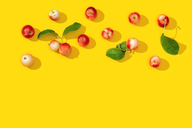 Frame from ripe small red apples and green leaves with dark shadows on yellow Food concept