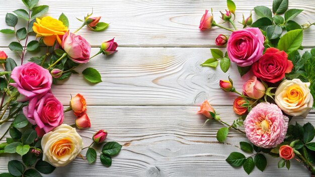 frame from roses with heart shape on a wooden background