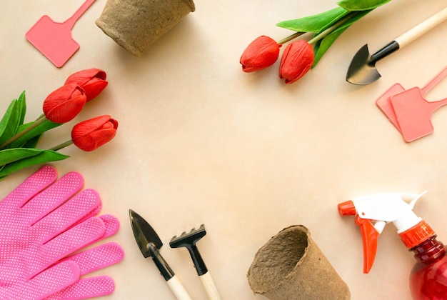 Frame of gardening tools. Shovels, seedling pots and gloves on beige background, space for text