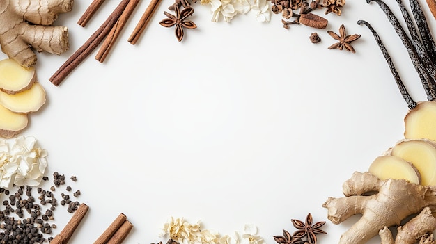 Photo frame of ginger cinnamon star anise cloves vanilla bean and flowers on a white background