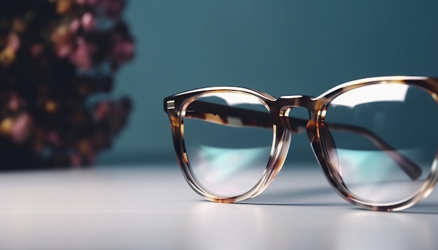 Frame glasses animal print leopard or tiger on the table on a blurred background Generative AI