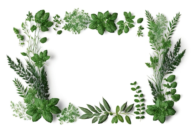 Frame of green herbs on white background creative digital illustration painting