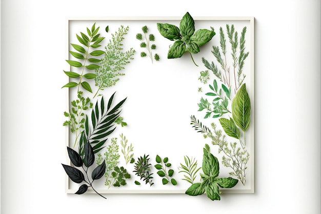 Frame of green herbs on white background digital illustration painting artwork