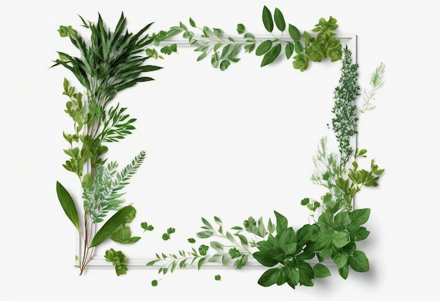 Frame of green herbs on white background digital illustration painting artwork