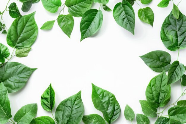 frame of green leaves on a white background in the center for spring and summer design