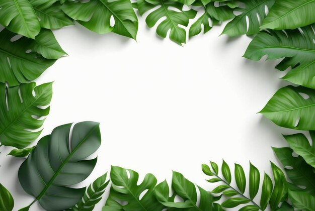 Frame of green leaves on a white background lay flat Generative AI