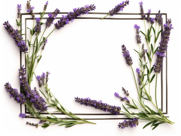 Frame of lavender branches isolated on white background for greeting card design