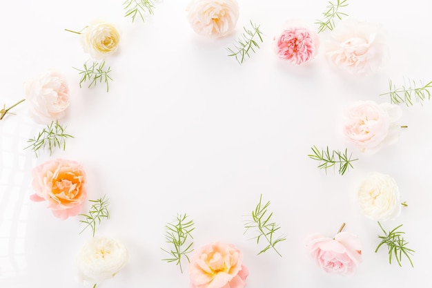 Frame of light delicate roses on a white background