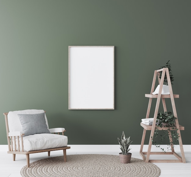 frame in living room interior, natural wooden furniture on green background