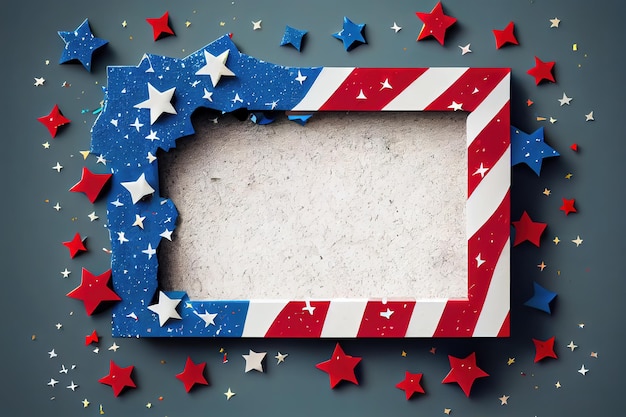 Frame made of American flags and confetti stars on concrete stone Banner template