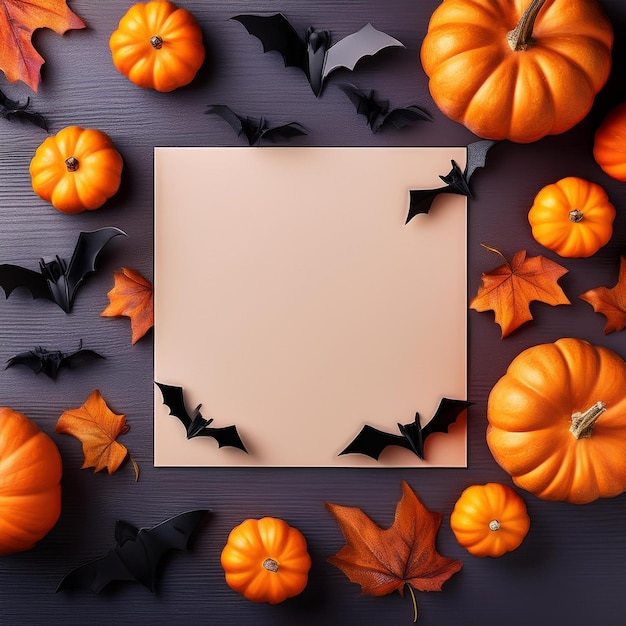 Frame made of bats pumpkins ghosts and spiders on purple background space for text Halloween cel